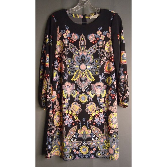 Ann Taylor LOFT Knee Length Black Colorful Floral Print Dress BOHO Chic Size XS - Picture 3 of 12